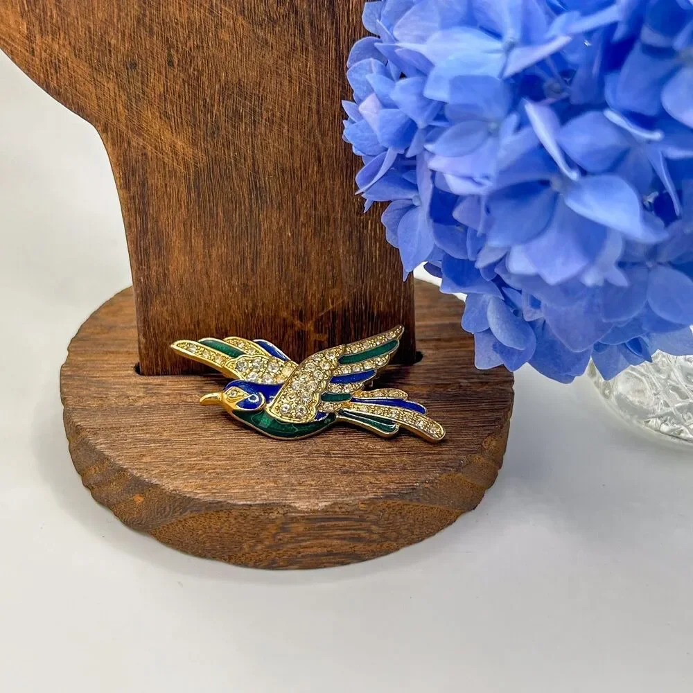 Roman Signed Vintage Bird Brooch Gold Tone Rhinestone Blue Green Enamel